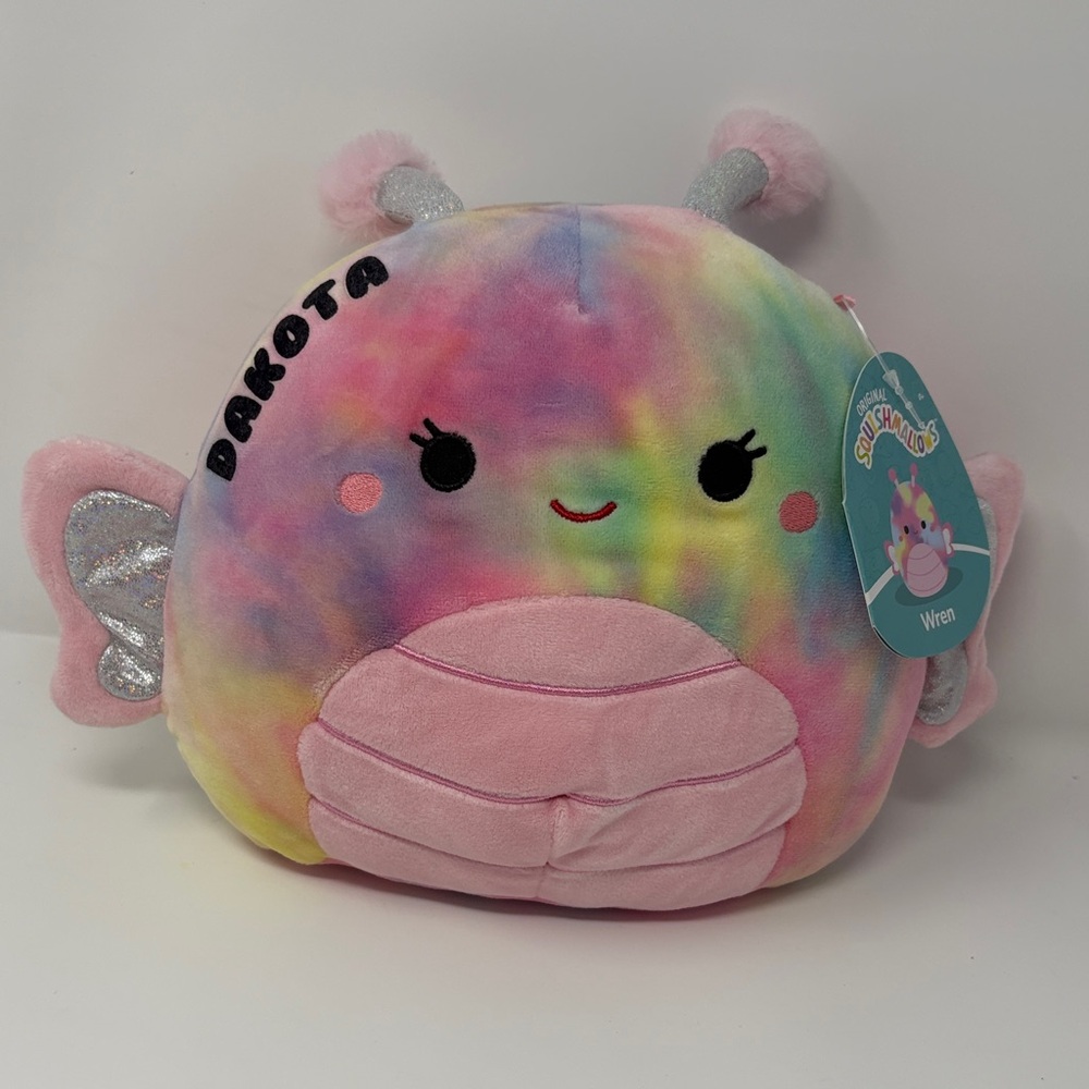 Wren the Butterfly, 8” Original Squishmallow,  with the name Dakota ironed on.